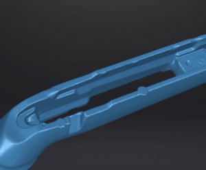 Aseen tukin 3D-skannausta kahdella eri skannerilla